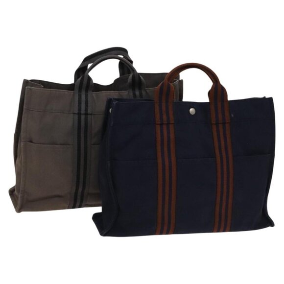 HERMES Fourre Tout MM Hand Bag Canvas 2Set Gray Navy Auth ti3040 - Picture 1 of 16